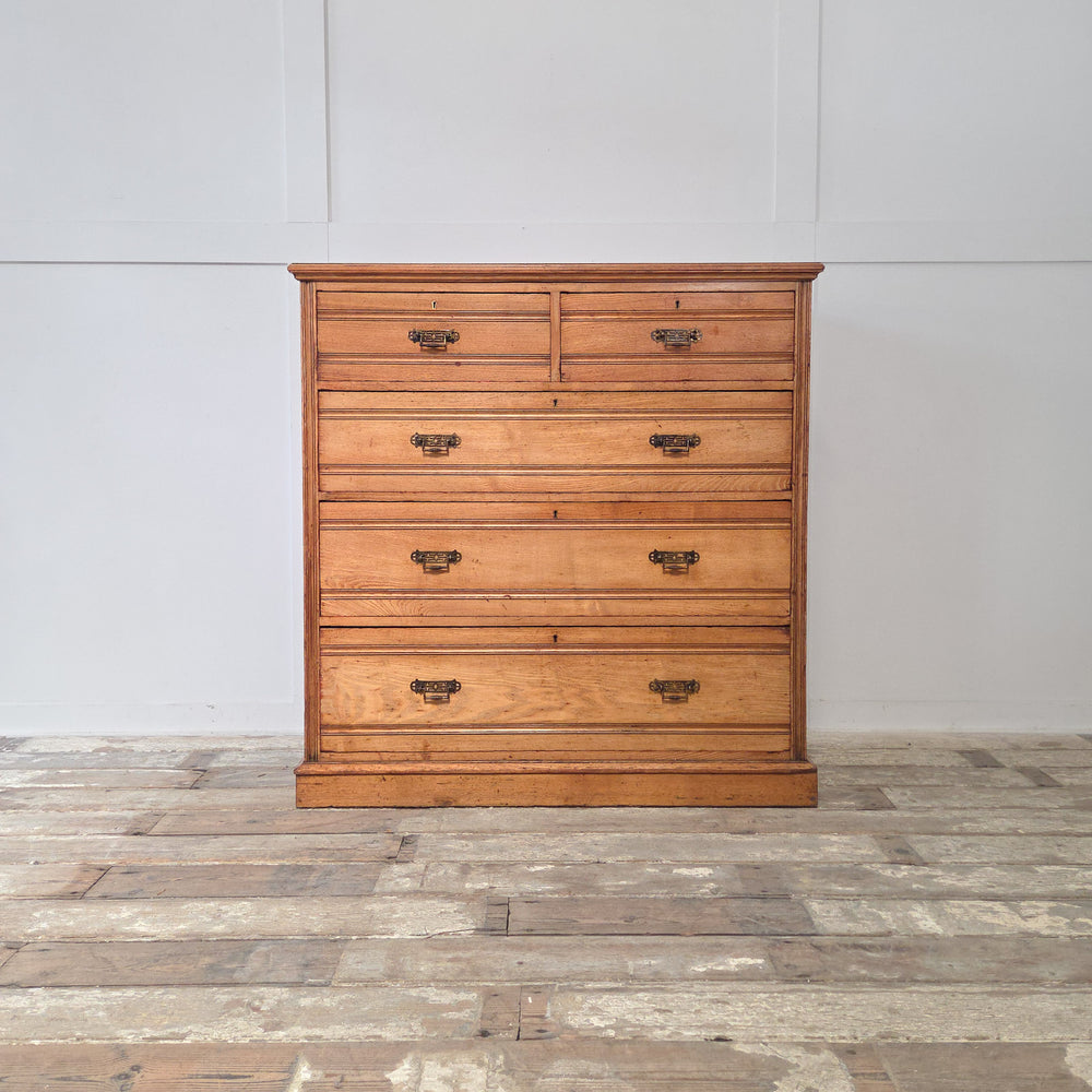 19th century antique ash chest of drawers featuring five drawers in a two over three arrangement, reeded detailing and original brass drop handles on a plinth base.