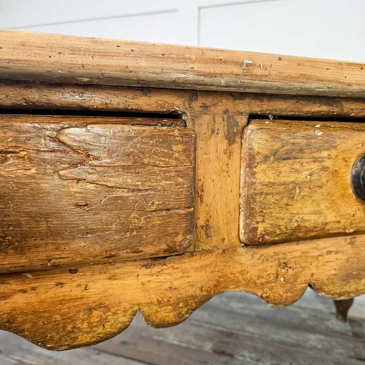 Antique table with planked top and drawers