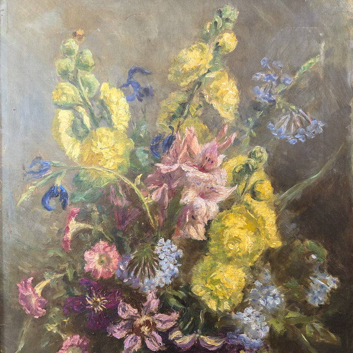 Oil painting of a bouquet of flowers with yellow, pink, and purple flowers on a textured brown background.