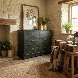 An antique painted pine chest of drawers from the early 20th century with four drawers in a two-over-two arrangement. Finished in a dark green painted surface with hand-painted lettering and lined detailing, the top features a painted sailing ship scene. Built in mahogany veneer and raised on a plinth base, suitable for bedroom storage.