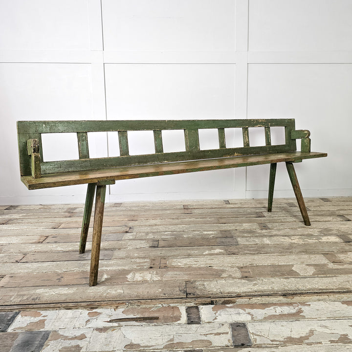 Antique Romanian pine bench with reversible backrest
