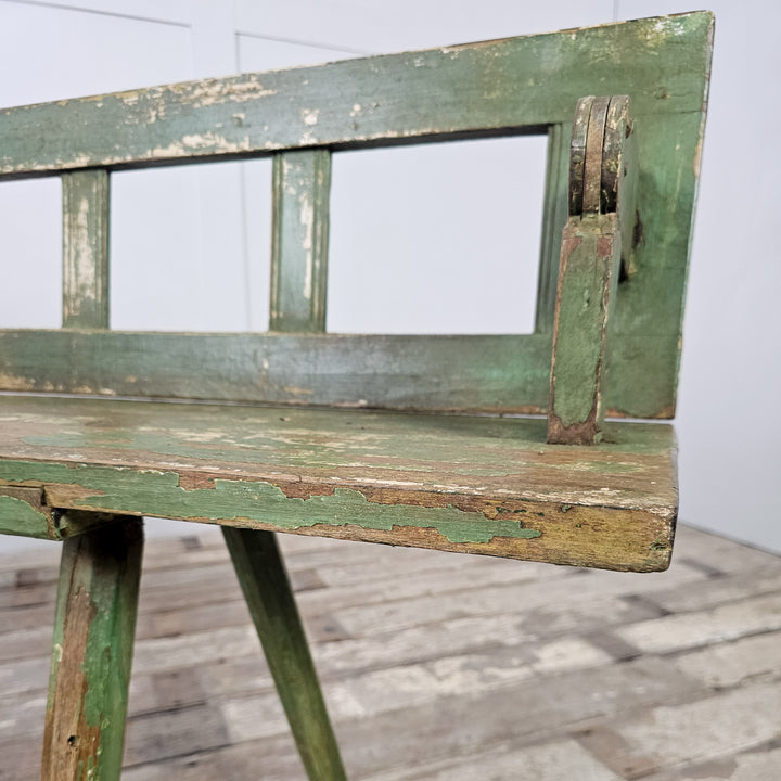 Early 1900s continental pine bench with lattice back
