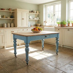 A Victorian pine farmhouse table from the 19th century with a scrubbed natural pine top and a painted base in a soft powder blue. Raised on four decorative turned legs with a single front drawer and castors, this table works well as a kitchen table or informal dining table.