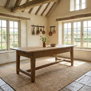 Large antique work table with scrubbed poplar top and painted ochre pine base, 19th century
