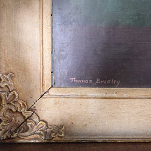 Vintage floral still life oil painting signed by Thomas Bradley, British artist active in the 20th century, depicting a vase of flowers in blushing pinks and golden yellows. Painted on board and framed in a decorative painted wooden frame, it is a vibrant traditional work of art.