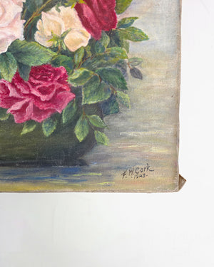 Mid-century floral still life oil painting featuring crimson, pink and cream roses against a blue-grey background.
