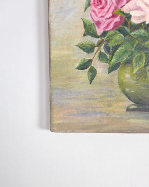 Signed 1940s rose painting on canvas, unframed, with a moody atmospheric background and lush green foliage.
