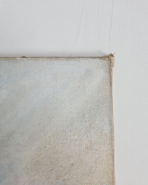 Vintage still life oil painting of a bouquet of roses in a low green glazed vase, mid-century original artwork.
