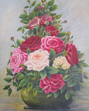 Vintage rose still life oil painting with soft blue-grey background, crimson and cream flowers, original canvas artwork.

