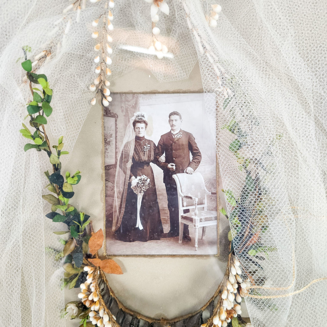 Antique German bridal crown display in gilt shadow box
