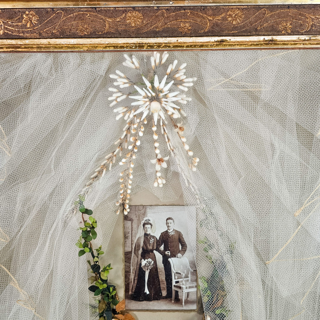 Framed wax flower bridal crown and vintage veil
