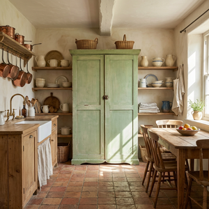 An early 20th-century French painted cupboard in worn soft green with two doors opening to eight internal drawers, each graduating in depth with slatted bases. The shaped plinth and overhanging cornice give this antique storage cupboard a country, farmhouse character with practical enclosed storage.
