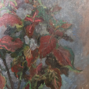 Early 20th century French still life oil painting featuring a potted plant with colourful red and green foliage against a soft blue and brown background. The textured brushwork adds depth and warmth to this rustic piece.
