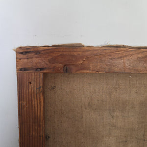 French oil painting on canvas from the early 1900s, depicting a potted plant with rich red and green foliage. The piece has a muted background of blues and browns and a soft, timeworn surface.