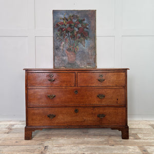 Early 20th century French oil painting of a potted plant with red and green foliage, painted with loose brushstrokes. The piece features a cool, softly textured background and subtle depth of tone.