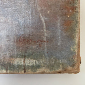 Antique French still life oil painting, early 20th century, featuring a terracotta pot filled with red and green foliage. The soft brushwork and tonal contrast evoke a gentle, decorative charm.