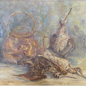 Vintage French oil painting on canvas from the 20th century, signed by Marcelle Macqueron-Thompson. A still life scene with three game birds and a copper kettle, set within a decorative wooden frame. Authentic original artwork, finished and ready to display at home.