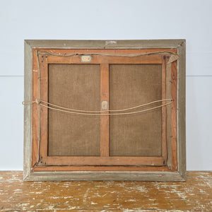 20th century French still life painting by Marcelle Macqueron-Thompson. Oil on canvas, signed lower left, with a composition of three game birds and a copper kettle. Displayed within a decorative wooden frame, this vintage painting is an authentic artwork ready to hang.