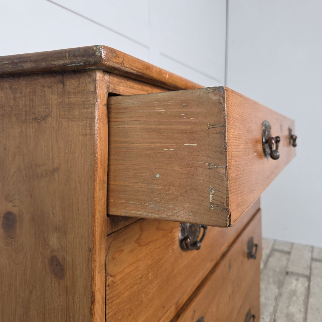 A 19th-century Georgian chest of drawers crafted from solid pine with brass pull handles and shaped bracket feet. A traditional antique furniture piece that captures the character of English farmhouse and Georgian country furniture.