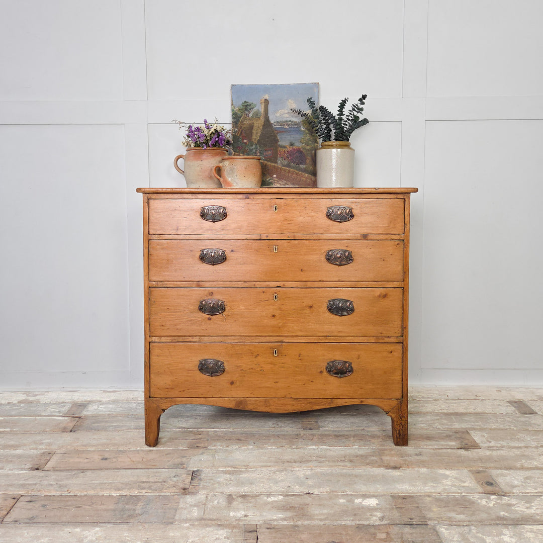 An early 19th-century Georgian pine chest of drawers featuring five drawers arranged two over three, fitted with oval brass pull handles and shaped bracket feet. A beautiful example of antique Georgian furniture, perfect for country house interiors or farmhouse bedrooms.