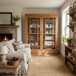An antique pine cupboard from the early 20th century with full-height glazed doors fitted with frosted glass. Featuring adjustable internal shelving, this large farmhouse style cupboard offers generous enclosed storage and is sealed in a clear furniture wax, leaving it full of rustic charm.