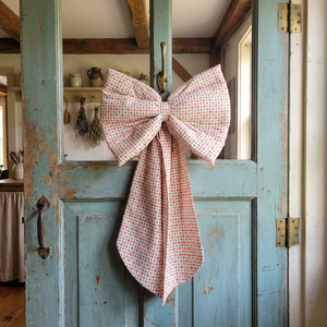 A handmade country house style fabric bow created from vintage Laura Ashley cotton in a green, red and white gingham. Lightly padded with tapering tails and finished with an antiqued brass hoop, this hanging bow works as a decorative accent or thoughtful gift.