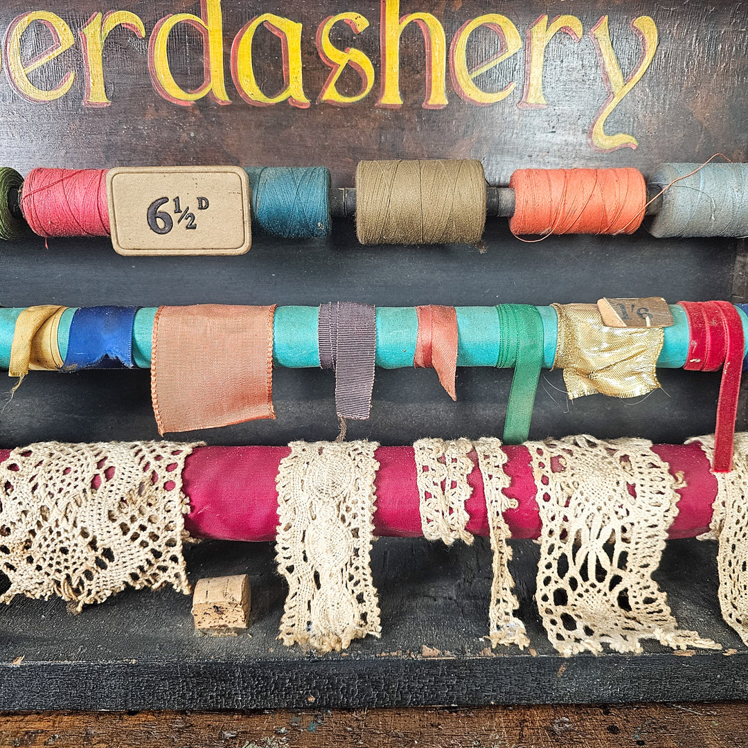 Retail sewing display with vintage ribbon and lace
