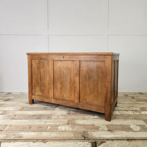 Antique pine chest with hinged top and practical deep interior compartments
