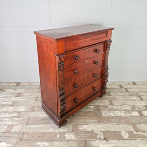 Large antique chest of drawers with five drawers and a hidden compartment for valuables.
