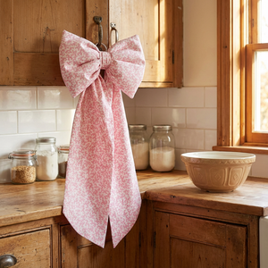 A handmade decorative bow crafted from vintage Laura Ashley 1985 “Firenze” cotton in a soft pink damask pattern. Designed as a farmhouse-style country bow with padded shaping, tapered tails and an antiqued brass hanging hoop. Ideal as a hanging bow, door bow or cottage-style keepsake.