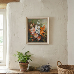 Vintage floral oil painting on board depicting gladioli in white, pink and orange, framed

