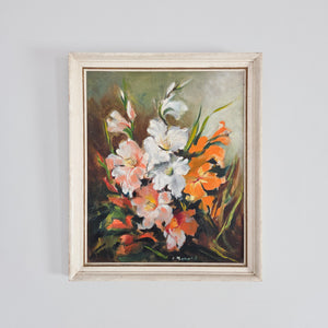Mid century Impressionist still life of gladioli with expressive brushwork in a painted frame

