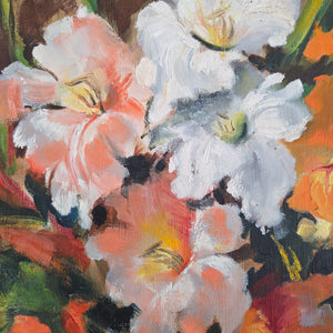 Vintage framed oil painting of gladioli with loose Impressionist brushwork, dark background
