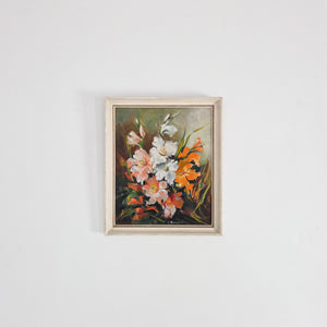 Original framed oil on board floral still life with gladioli in pink, white and orange
