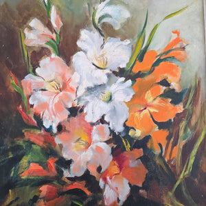 Mid century floral oil painting on board in a stepped off-white painted wooden frame