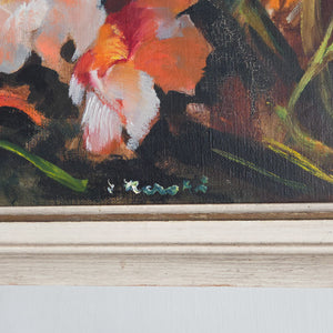Original oil on board still life of gladioli in white and orange with indistinct signature
