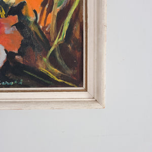 Framed vintage floral painting with expressive brushwork, gladioli against a dark background
