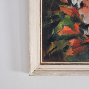 Mid century oil on board still life with gladioli in pink and orange, off-white painted frame