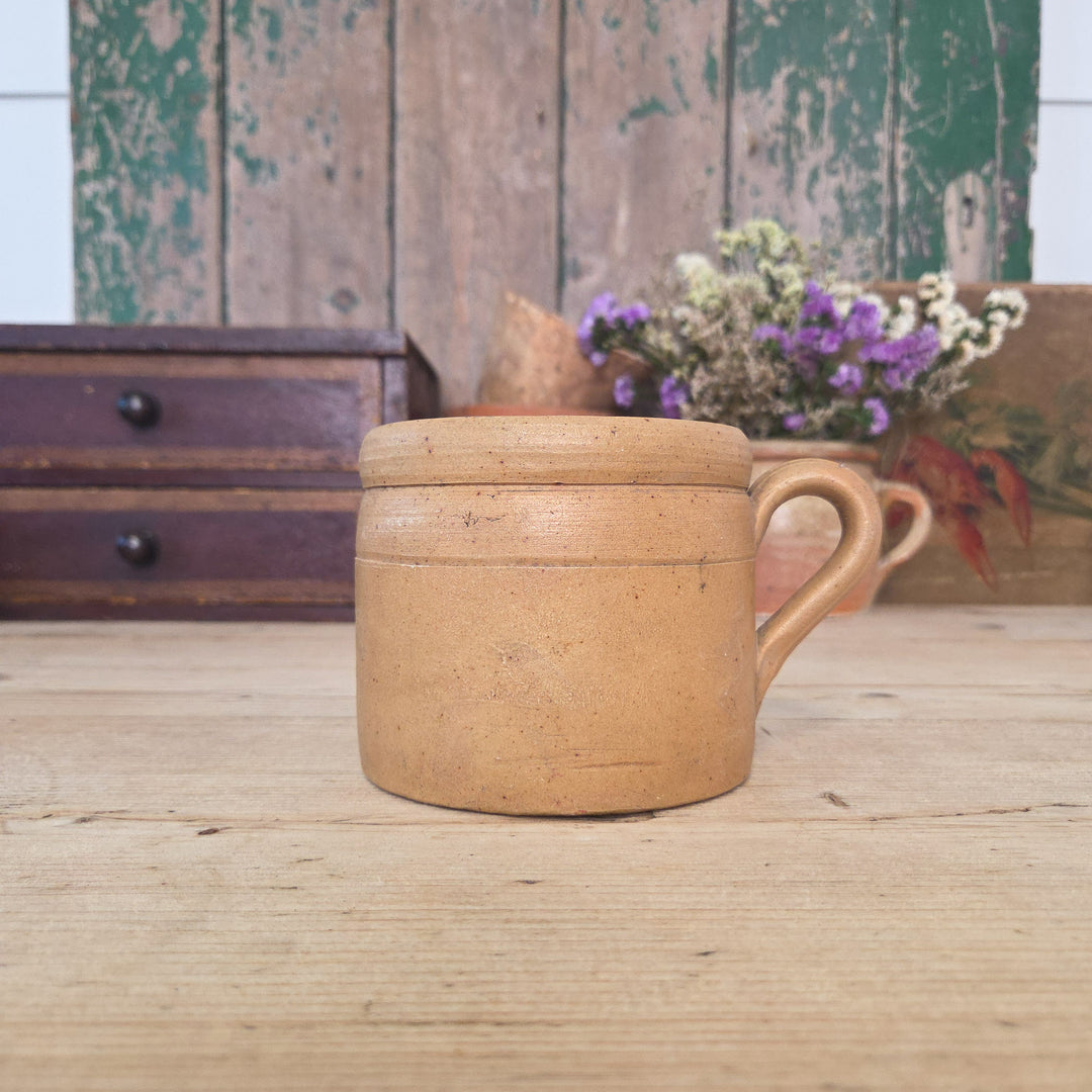 Vintage French stoneware confit pot with single handle and glazed surface in neutral tones. Crafted from durable earthenware, this traditional French kitchen pot was once widely used for food preparation and storage. It remains functional today, suitable for utensil storage or displaying small plants such as herbs or succulents.
