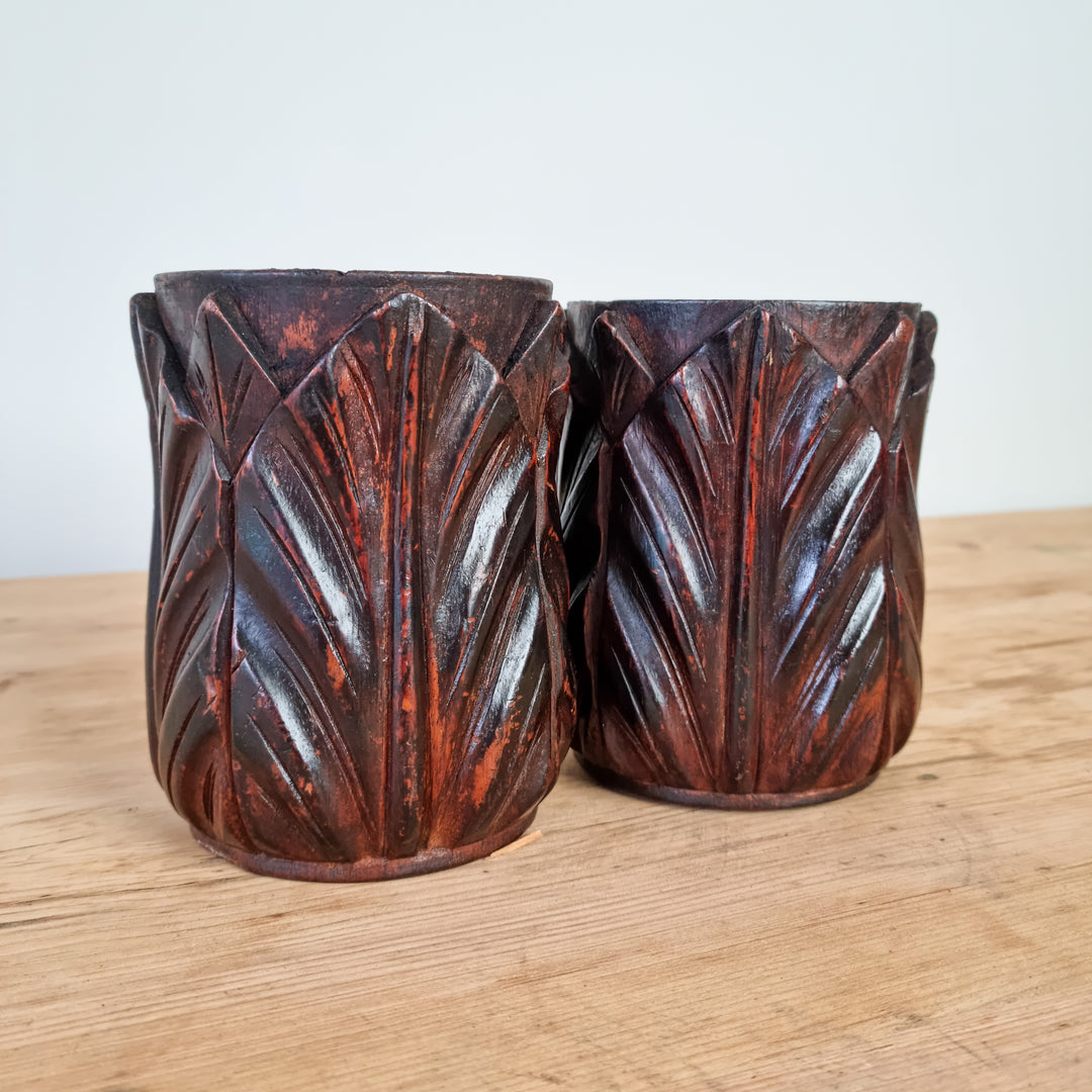 Pair of Antique Carved Wooden Pots, 19th Century