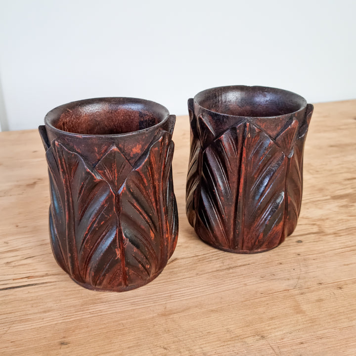 Pair of Antique Carved Wooden Pots, 19th Century