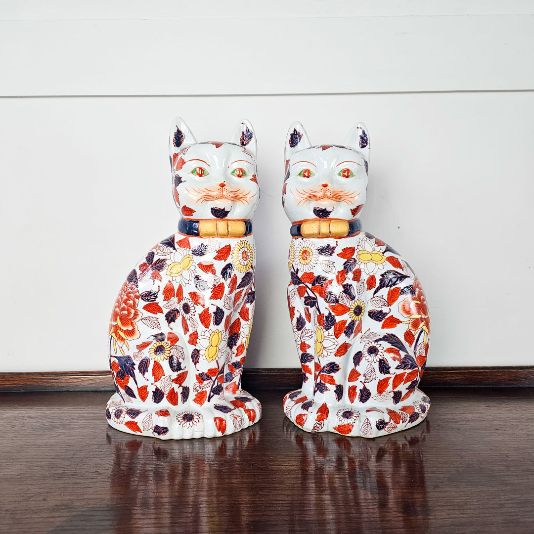 Pair of Vintage Chinese Imari Style Porcelain Cats with Hand-Painted Accents