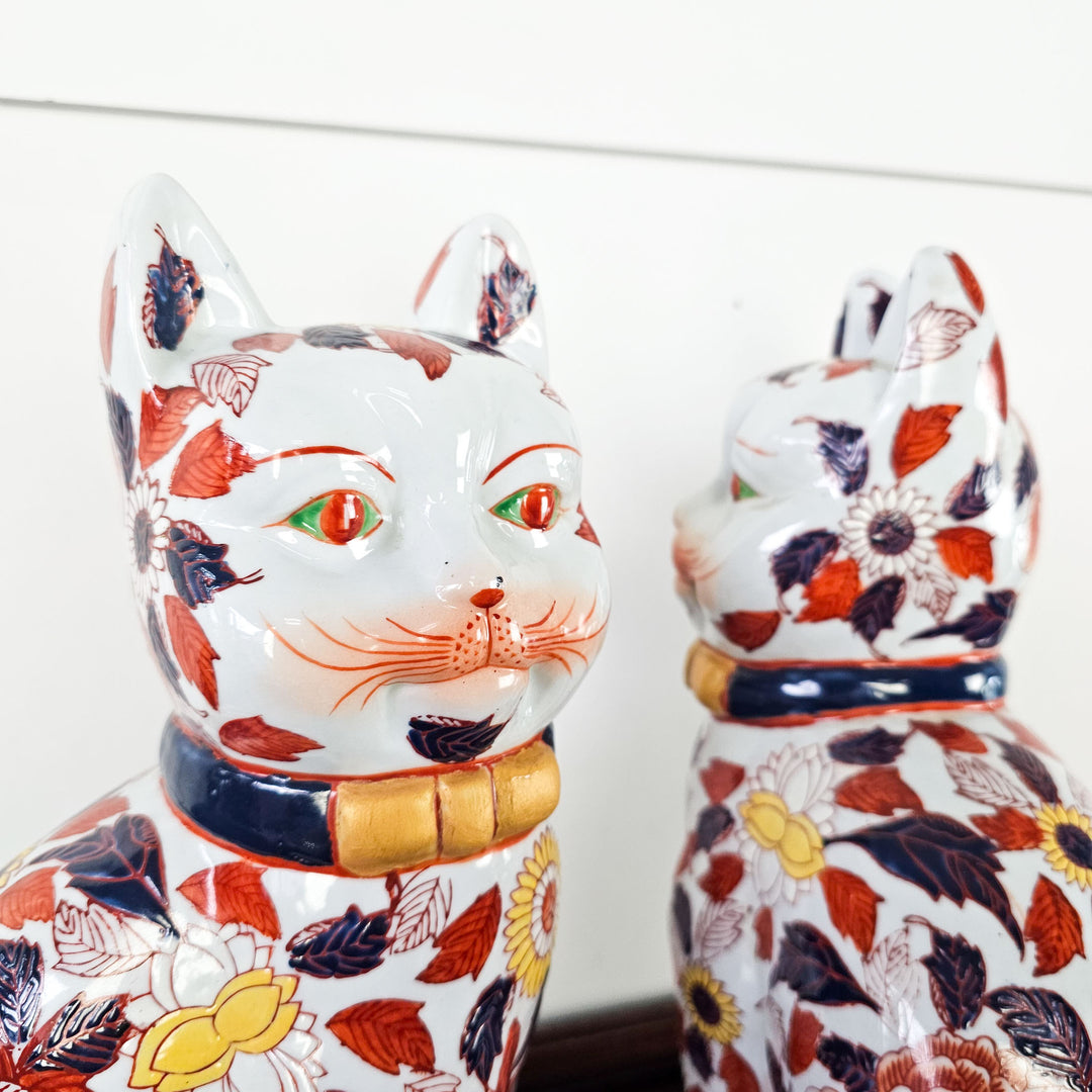 Hand-Painted Vintage Porcelain Cats in Traditional Chinese Style