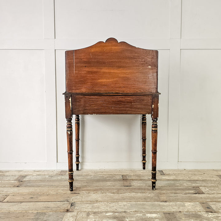 Antique pine writing desk with decorative painted drawers and gallery