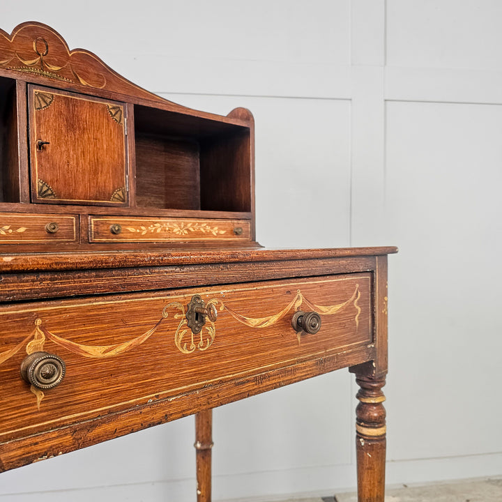 19th century pine writing table with shaped upstand and storage drawers
