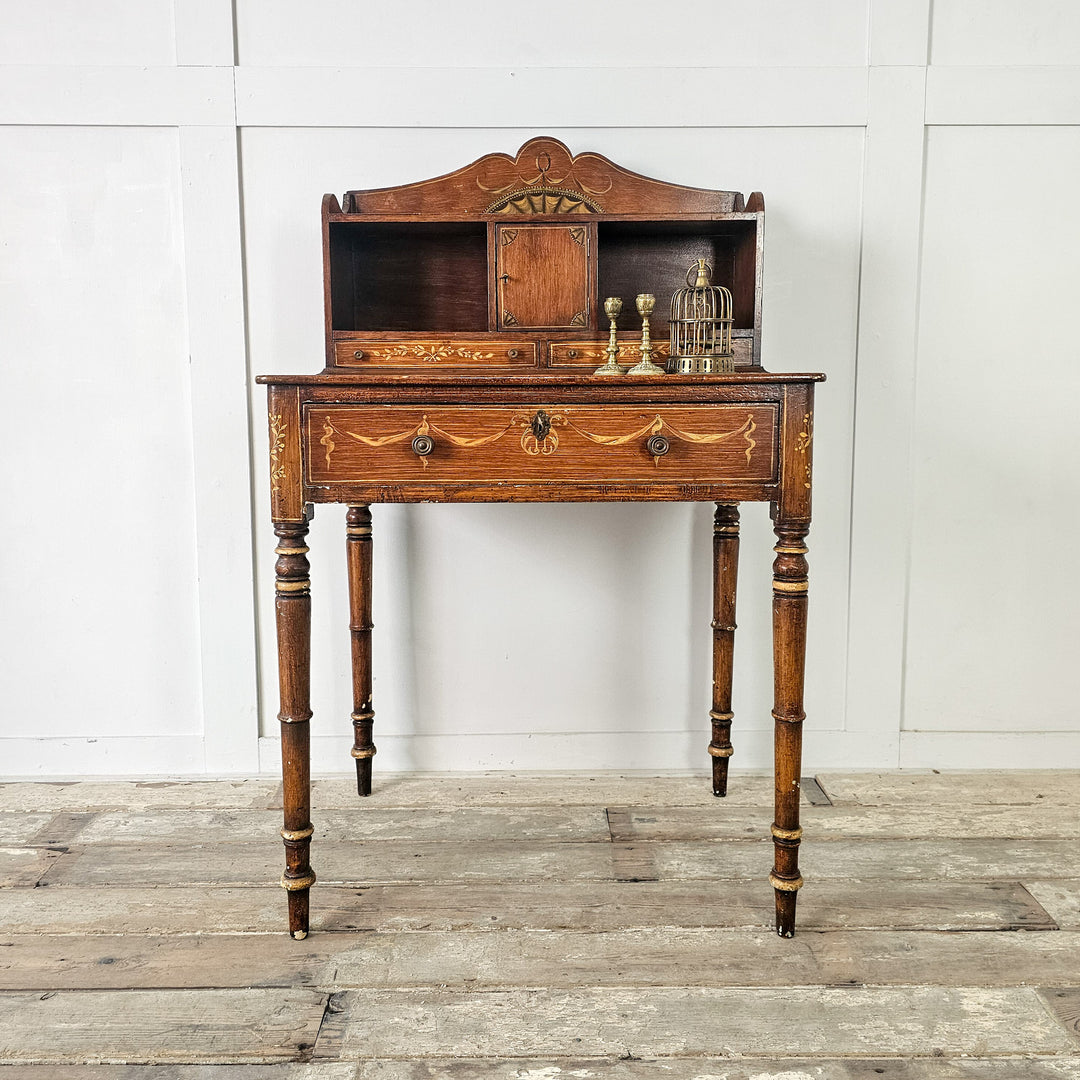 Painted pine writing table with turned legs and upper storage compartments
