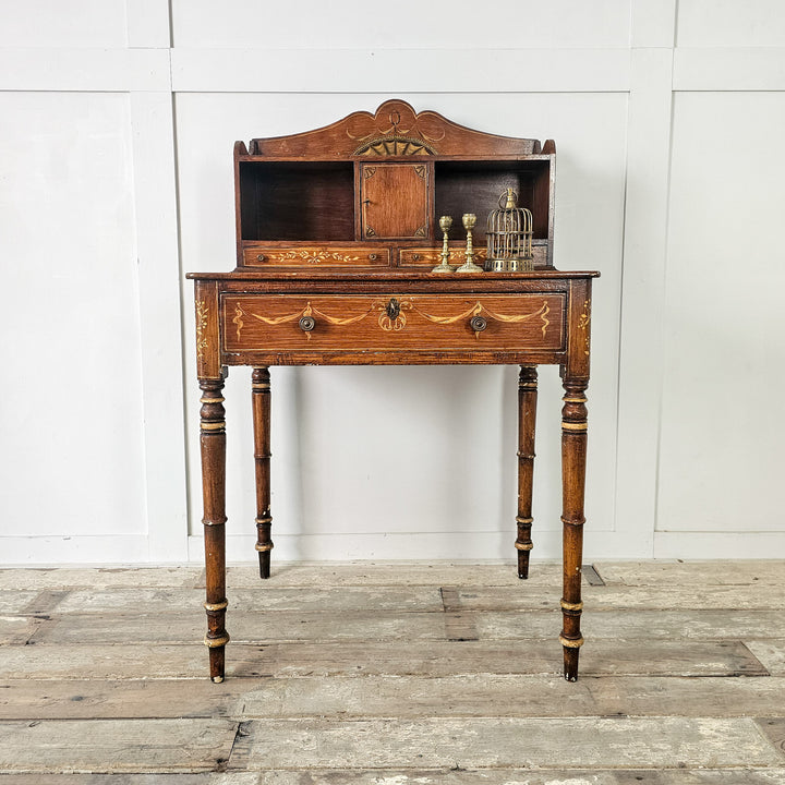 Painted pine writing table with turned legs and upper storage compartments
