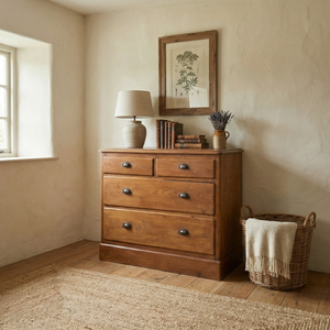 Antique pine chest of drawers dating to the early 20th century, with four drawers arranged in a two-over-two layout and raised on a simple plinth base, finished with a traditional pine wax.
