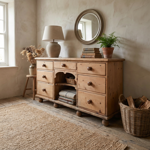 A Victorian pine dresser base from the 19th century with central open shelving flanked by seven drawers. The drawers graduate in depth and retain their original turned wooden knobs, making the piece suitable for use as a kitchen dresser base or in a hallway for everyday storage.