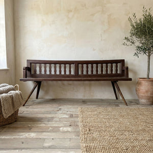 Antique 19th century Romanian folk bench in painted pine with a decorative reversible slatted back